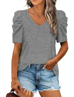 T shirt Tee Women's Black White Purple Plain Ruched Street Daily Fashion V Neck Regular Fit S