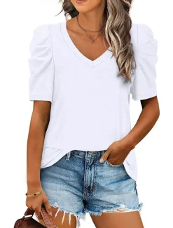 T shirt Tee Women's Black White Purple Plain Ruched Street Daily Fashion V Neck Regular Fit S