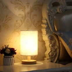 Table Lamp Bedside Nightstand Lamp Simple Desk Lamp Fabric Wooden Table Lamp for Bedroom Living Room Office Study