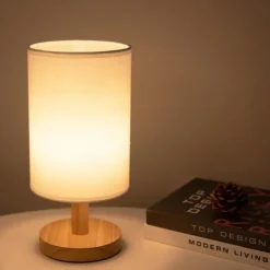 Table Lamp Bedside Nightstand Lamp Simple Desk Lamp Fabric Wooden Table Lamp for Bedroom Living Room Office Study