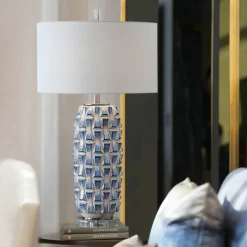 Table Lamp Ceramic Bedside Table Lamps with Fabric Lampshade and Glass Base Retro Simplicity Bedside Lamps for Home Office Cafe Restaurant Nightlight Bedside Lamp Table Lamp 110-240V