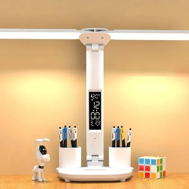 Table Lamp LED Double-headed Multifunction Foldable Touch With Calendar Clock USB Desk Lamp For Bedroom Bedside Reading Light