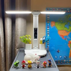 Table Lamp LED Double-headed Multifunction Foldable Touch With Calendar Clock USB Desk Lamp For Bedroom Bedside Reading Light