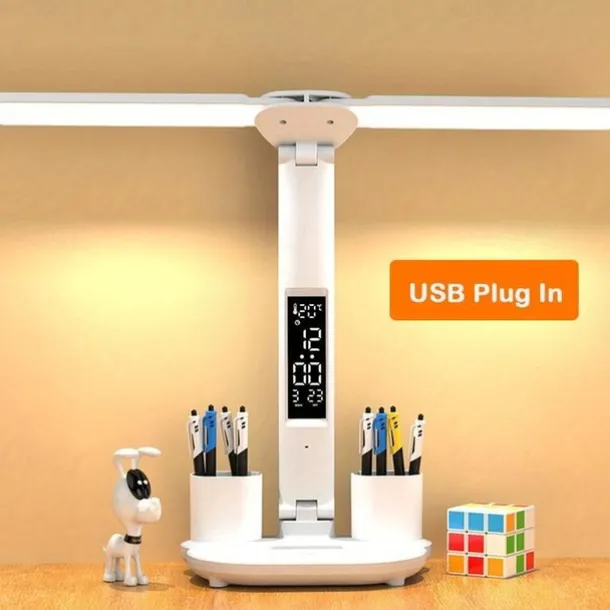 Table Lamp LED Double-headed Multifunction Foldable Touch With Calendar Clock USB Desk Lamp For Bedroom Bedside Reading Light