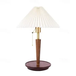Table Lamp with Cloth Shade and Brass Lamp Head Living Room Bedroom, Pull Switch Table Lamp, Pull Switch Table Lamp, 5W Wood Bedside Nightstand Lamp 110-240V