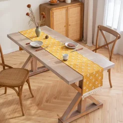 Table Runner with Tassels Spring Star Applique Vintage French Country Farmhouse Double-layer Polyester