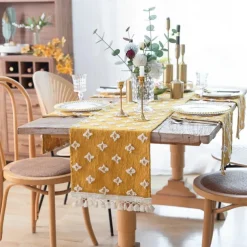 Table Runner with Tassels Spring Star Applique Vintage French Country Farmhouse Double-layer Polyester