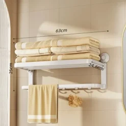 TAILI Aluminum Alloy Suction Cup Towel Rack with Towel Bar Holder, No Drill Foldable Towel Shelf with Hooks,Towel Storage Organizer for Bathroom Bath Shower