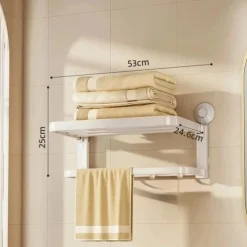 TAILI Aluminum Alloy Suction Cup Towel Rack with Towel Bar Holder, No Drill Foldable Towel Shelf with Hooks,Towel Storage Organizer for Bathroom Bath Shower