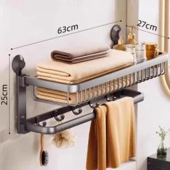 TAILI Aluminum Alloy Towel Shelf Towel Rack, Suction Cup Bathroom Storage Rack, Space Aluminum Towel Organizer Bathroom Shelf Tower Holder