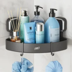 TAILI Corner Shower Caddy with Suction Cup Hooks, Aluminum Corner Shelf Basket, Wall Mounted Organizer Rack for Shampoo, No-Drilling Rustproof for Kitchen and Bathroom
