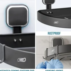 TAILI Corner Shower Caddy with Suction Cup Hooks, Aluminum Corner Shelf Basket, Wall Mounted Organizer Rack for Shampoo, No-Drilling Rustproof for Kitchen and Bathroom