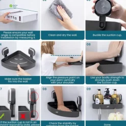 TAILI Corner Shower Caddy with Suction Cup Hooks, Aluminum Corner Shelf Basket, Wall Mounted Organizer Rack for Shampoo, No-Drilling Rustproof for Kitchen and Bathroom