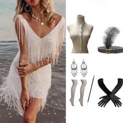 Tassel Vintage Inspired Short Length Flapper Dress Dress Outfits Sleeveless Wedding Guest Tassel Fringe Solid Colored Tassel V Neck Fancy Dress Women's Halloween Masquerade Casual Daily Party