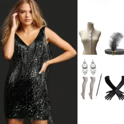 Tassel Vintage Inspired Short Length Flapper Dress Dress Outfits Sleeveless Wedding Guest Tassel Fringe Solid Colored Tassel V Neck Fancy Dress Women's Halloween Masquerade Casual Daily Party