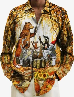 Thanksgiving Day Men's Animal Shirt Western Shirt Cowboy Shirt Long Sleeve Casual Daily Wear Going out Fall & Winter Turndown Pocket Print Button-Down Yellow