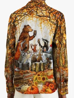 Thanksgiving Day Men's Animal Shirt Western Shirt Cowboy Shirt Long Sleeve Casual Daily Wear Going out Fall & Winter Turndown Pocket Print Button-Down Yellow