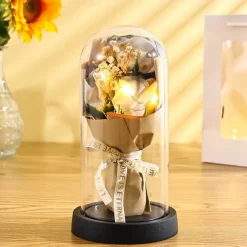 The Eternal Rose Bouquet Gift for Mom, Preserved Soap Flowers in Glass Dome with Light, Mother's Day Birthday Decoration for Women