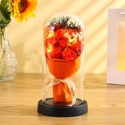 The Eternal Rose Bouquet Gift for Mom, Preserved Soap Flowers in Glass Dome with Light, Mother's Day Birthday Decoration for Women
