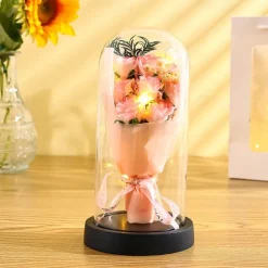 The Eternal Rose Bouquet Gift for Mom, Preserved Soap Flowers in Glass Dome with Light, Mother's Day Birthday Decoration for Women