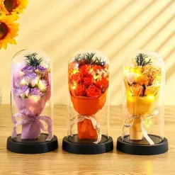 The Eternal Rose Bouquet Gift for Mom, Preserved Soap Flowers in Glass Dome with Light, Mother's Day Birthday Decoration for Women