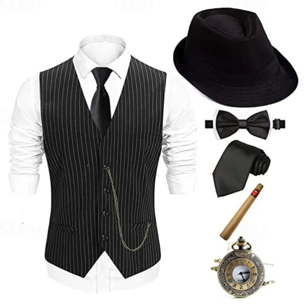 The Great Gatsby Gentleman Gangster Retro Vintage Roaring 20s 1920s Outfits Vest Panama Hat Accesories Set Men's Costume Vintage Cosplay Prom Festival Cravat Christmas