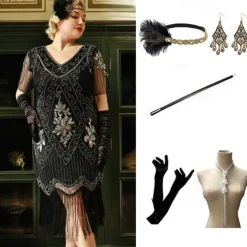 The Great Gatsby Midi Flapper Dress Dress Outfits The Great Gatsby Wedding Guest Sequins Tassel Fringe Sequin Tassel V Neck Fancy Dress Women's Masquerade Prom Party & Evening Wedding Reception