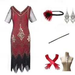 The Great Gatsby Midi Flapper Dress Dress Outfits The Great Gatsby Wedding Guest Sequins Tassel Fringe Sequin Tassel V Neck Fancy Dress Women's Masquerade Prom Party & Evening Wedding Reception