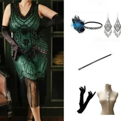 The Great Gatsby Midi Flapper Dress Dress Outfits The Great Gatsby Wedding Guest Sequins Tassel Fringe Sequin Tassel V Neck Fancy Dress Women's Masquerade Prom Party & Evening Wedding Reception