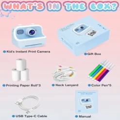 The new children's camera Polaroid camera takes photos records videos and prints immediately. The camera has high-definition pixels