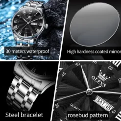 The New Olevs Men'S Business Watch Calendar Week Display Waterproof Dual Calendar Casual Quartz Watch Men'S Sports Watch
