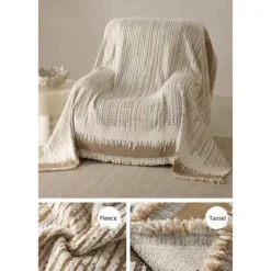 Thickened Sofa Blanket Autumn And Winter Gradient Striped Jacquard Half Velvet Sofa Towel With Tassels Multi-functional Blanket