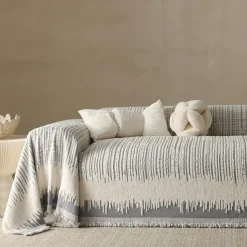 Thickened Sofa Blanket Autumn And Winter Gradient Striped Jacquard Half Velvet Sofa Towel With Tassels Multi-functional Blanket