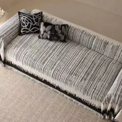 Thickened Sofa Blanket Autumn And Winter Gradient Striped Jacquard Half Velvet Sofa Towel With Tassels Multi-functional Blanket