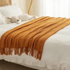 Throw Blanket with Tassel, Knit Throw Blankets Soft Cable Knitted Throw Blankets for Couch Stripe Spring Fall Blanket for Bed Sofa Cozy Lightweight Throw Blankets Scarf for Girls Boys