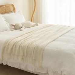 Throw Blanket with Tassel, Knit Throw Blankets Soft Cable Knitted Throw Blankets for Couch Stripe Spring Fall Blanket for Bed Sofa Cozy Lightweight Throw Blankets Scarf for Girls Boys