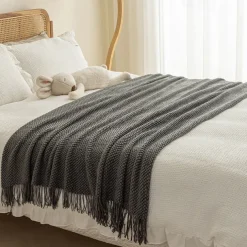 Throw Blanket with Tassel, Knit Throw Blankets Soft Cable Knitted Throw Blankets for Couch Stripe Spring Fall Blanket for Bed Sofa Cozy Lightweight Throw Blankets Scarf for Girls Boys