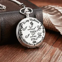 To My Husband Pocket Watch Black Engraved Timepiece with Chain, Romantic Gift for Him from Wife, Anniversary Keepsake