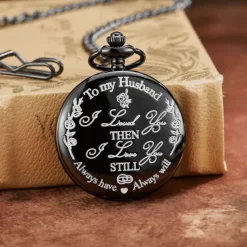 To My Husband Pocket Watch Black Engraved Timepiece with Chain, Romantic Gift for Him from Wife, Anniversary Keepsake