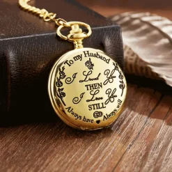 To My Husband Pocket Watch Black Engraved Timepiece with Chain, Romantic Gift for Him from Wife, Anniversary Keepsake