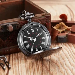 To My Husband Pocket Watch Black Engraved Timepiece with Chain, Romantic Gift for Him from Wife, Anniversary Keepsake