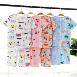 Toddler Boys 2 Pieces Pajama Sets Short Sleeve White Pink Navy Blue Animal Cartoon Crewneck Summer Spring Basic Home 3-7 Years