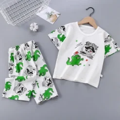 Toddler Boys 2 Pieces Pajama Sets Short Sleeve White Pink Navy Blue Animal Cartoon Crewneck Summer Spring Basic Home 3-7 Years