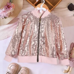 Toddler Girls' Sequin Jacket & Coat Long Sleeve Gold Pink Winter Fall Active Outdoor 3-7 Years