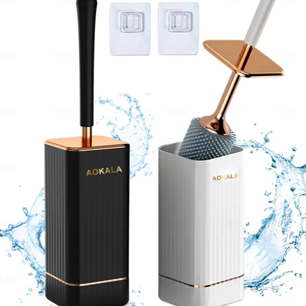 Toilet Brush And Holder, Elegant Silicone Toilet Bowl Brush Set With Ergonomic Long Handle, Modern Bathroom Decor Cleaning Accessories, Durable, Deep Cleaning, Black & White