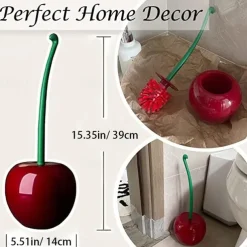 Toilet Brush with Holder, Red Cherry Shape, Long Handle Bathroom Cleaning Tool, Thick Bristles for Deep Cleaning, Rust-Resistant, Leakproof Base for Storage & Organization