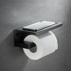 Toilet Paper Holder with Shelf Wall Mounted,Aluminum Toilet Paper Roll Holder, Tissue Roll with Mobile Phone Storage