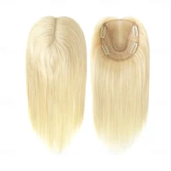 Toppers for WomenTop Hairpieces 100% Real Human Hair with bangs Human Hair Toppers with 3 Clips Swiss Lace Base Hand-Tied Hair lossing/Thinning Gray hair 12inch Ombre Light Blonde