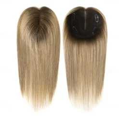 Toppers for WomenTop Hairpieces 100% Real Human Hair with bangs Human Hair Toppers with 3 Clips Swiss Lace Base Hand-Tied Hair lossing/Thinning Gray hair 12inch Ombre Light Blonde