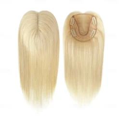 Toppers for WomenTop Hairpieces 100% Real Human Hair with bangs Human Hair Toppers with 3 Clips Swiss Lace Base Hand-Tied Hair lossing/Thinning Gray hair 12inch Ombre Light Blonde